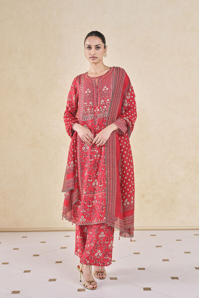 Niral Printed Silk Suit Set - Red
